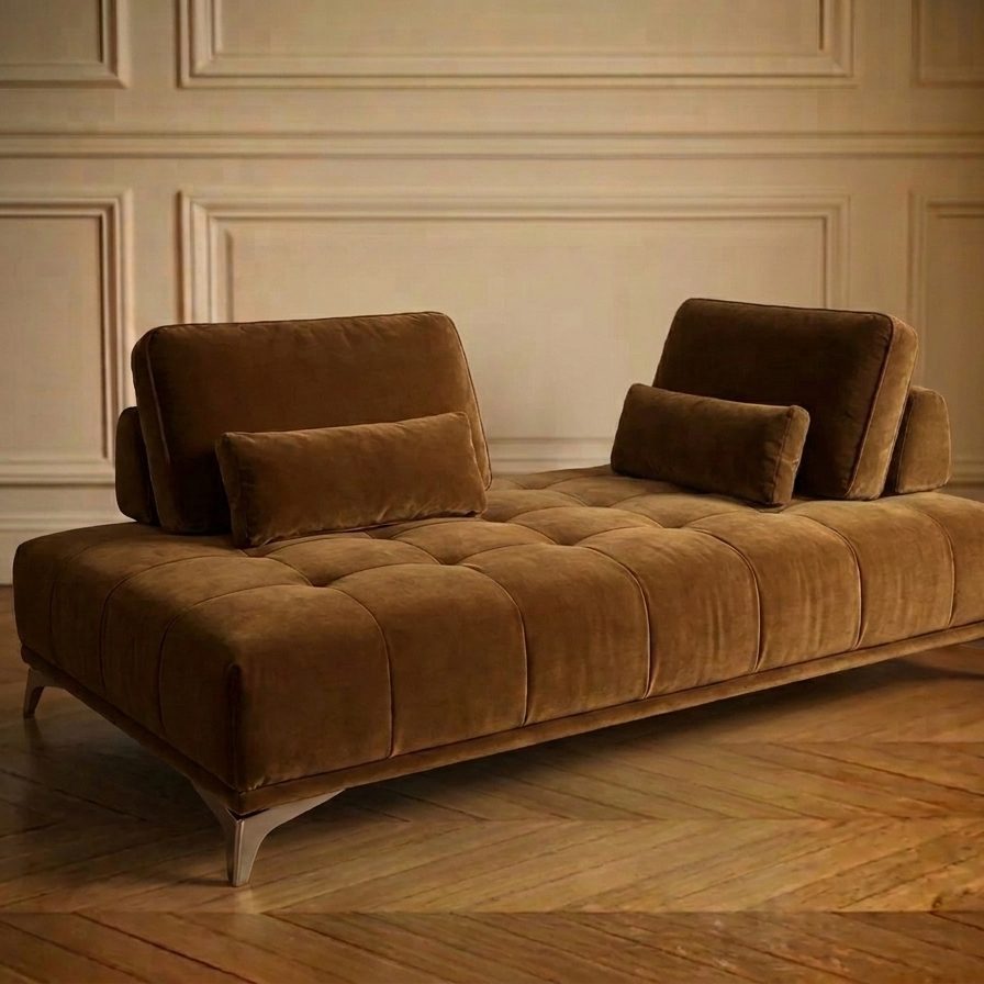 Banquette capitonnée recouverte de velours caramel, coussins assortis