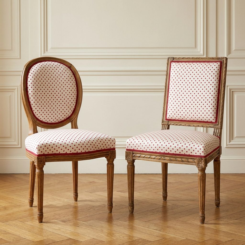 Deux chaises médaillon recouvertes d’un tissu blanc à petits pois rouges, galon rouge