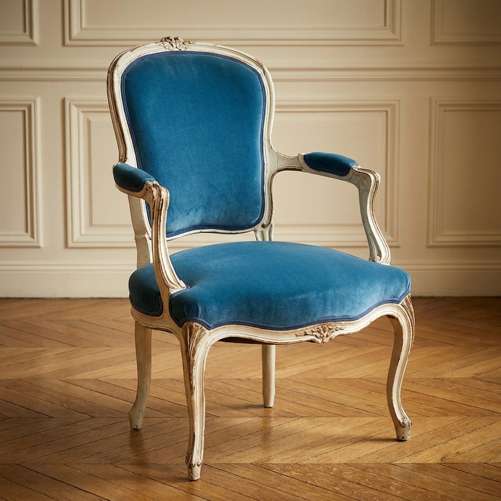 Bergère de style recouverte de velours bleu