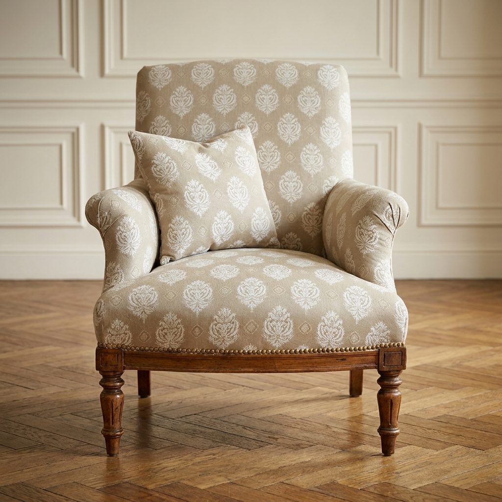 Fauteuil recouvert d’un tissu à médaillons