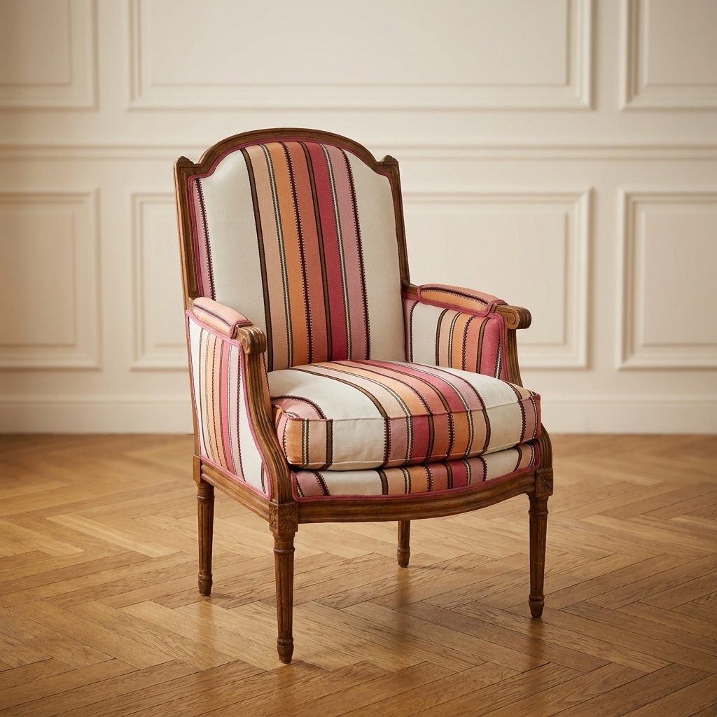 Fauteuil cabriolet recouvert d’un tissu à rayures