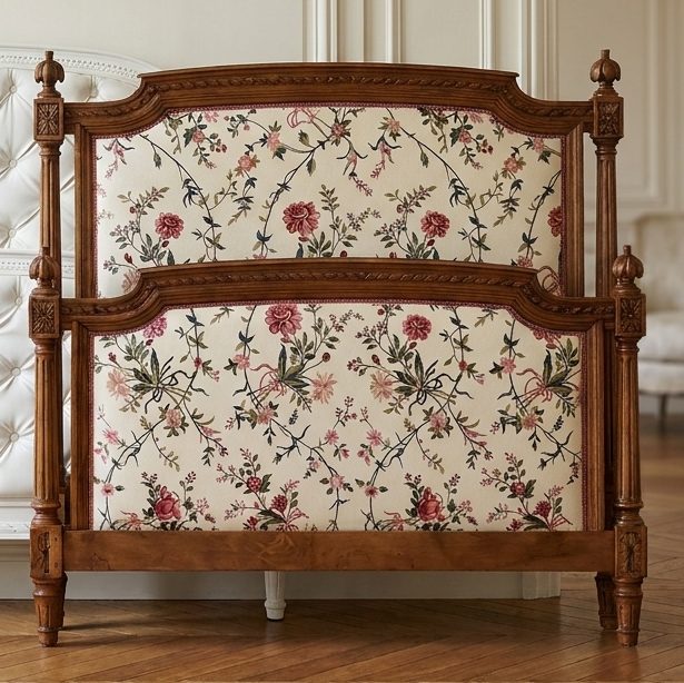 Tête de lit en bois sculpté recouverte d’une toile à fleurs